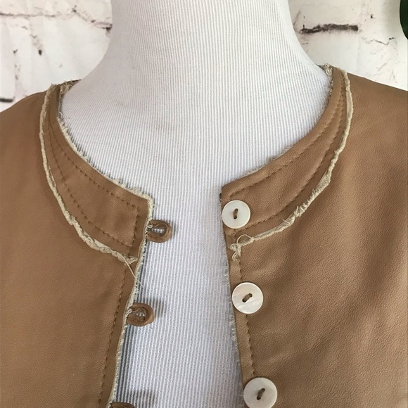 Tan Frayed Seams Patchwork Vegan Leather Fitted Jacket Coat size small - Picture 8 of 11